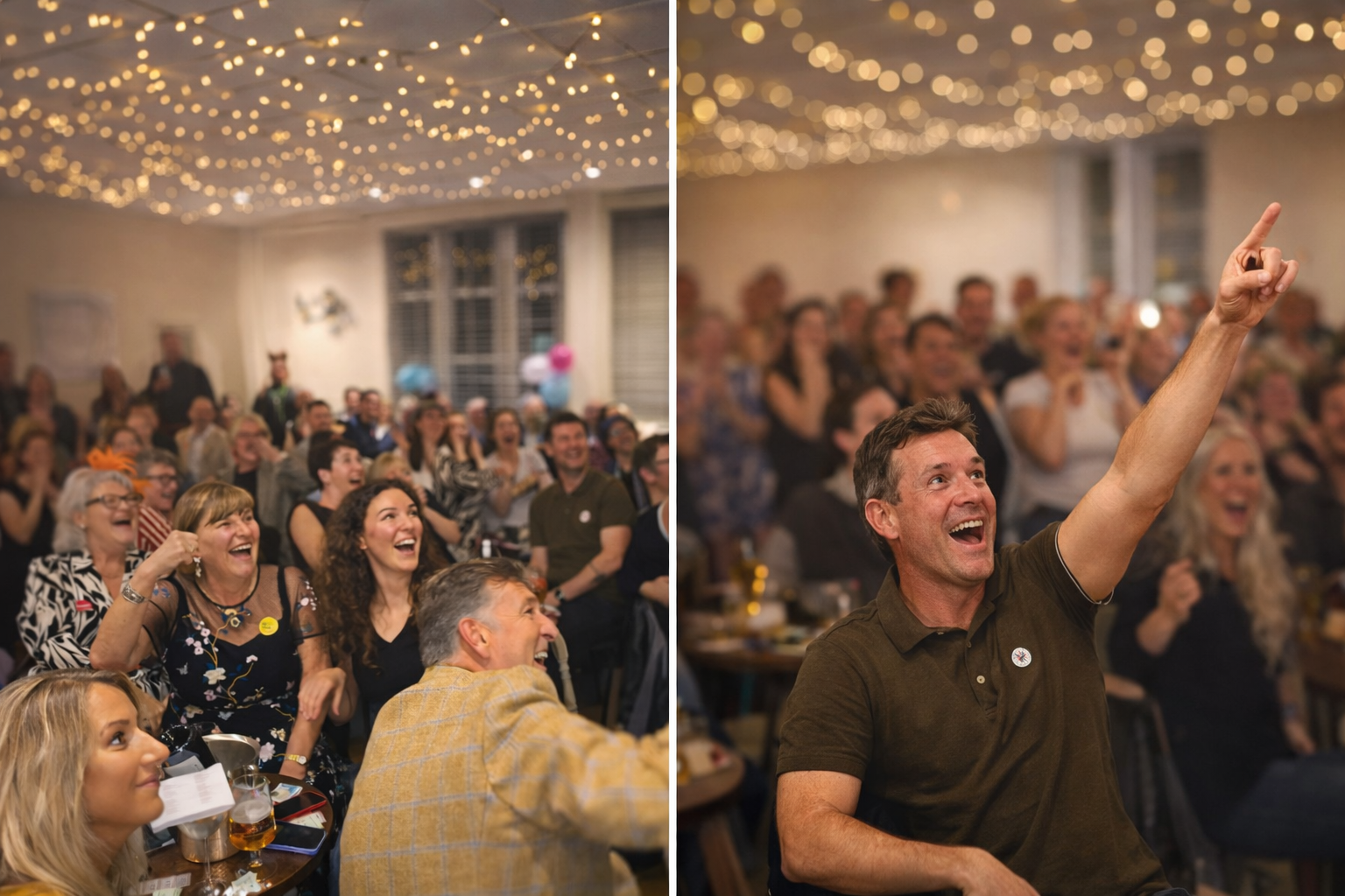 Charity race night fundraising event with guests watching races on a big screen